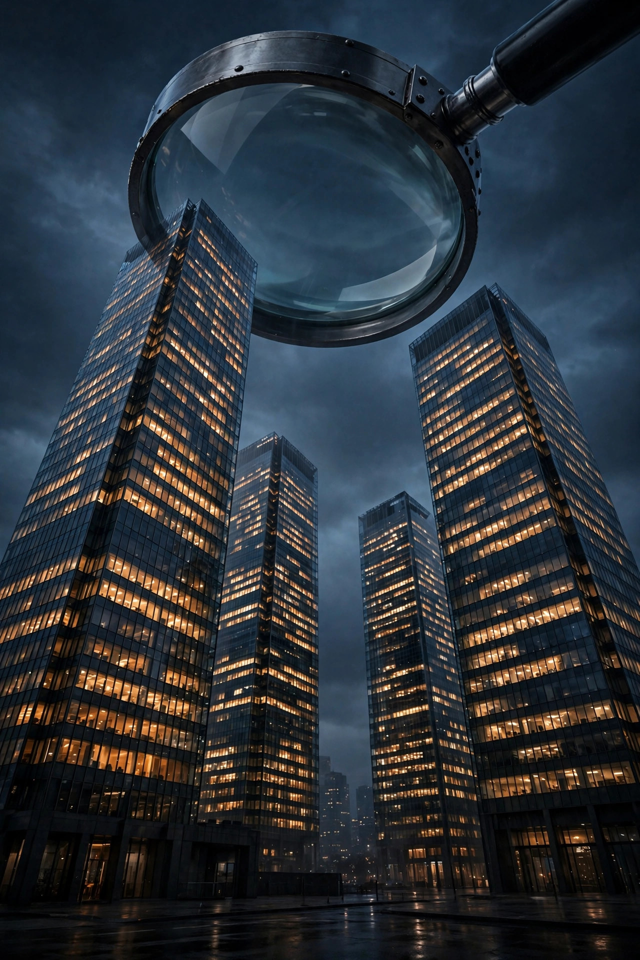 Four corporate towers under a magnifying glass — the Big Four audit firms