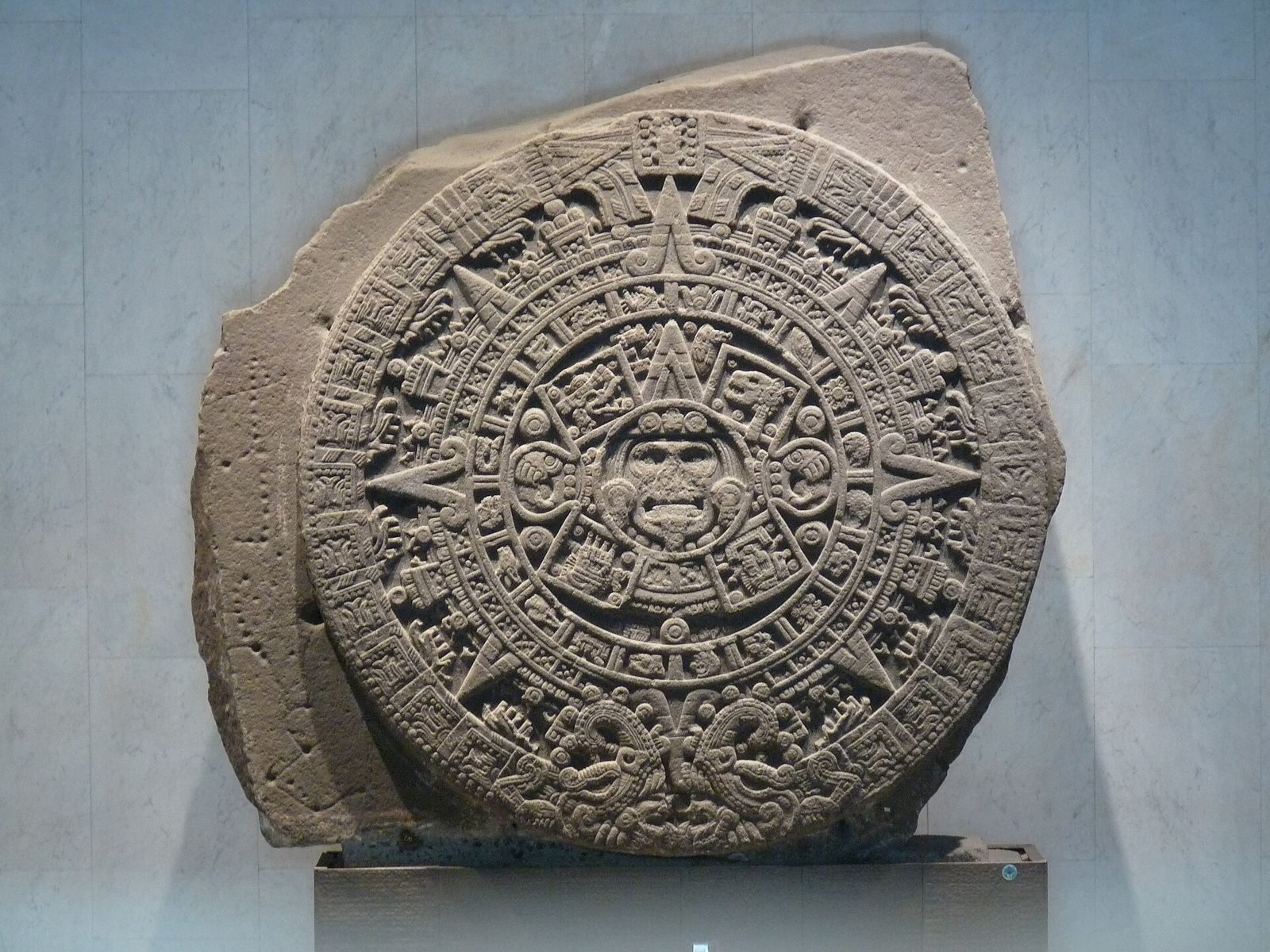 The Aztec Sun Stone, the great carved calendar monolith of the Mexica, in Mexico City's anthropology museum