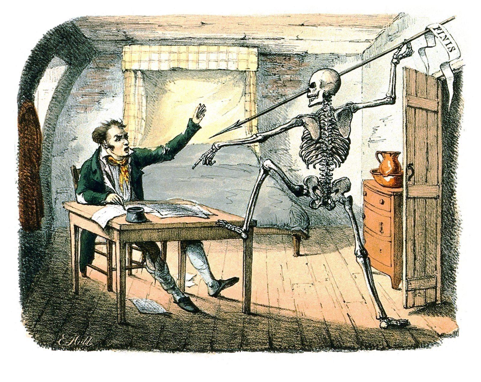 A medieval woodcut of the Danse Macabre, skeletons dancing with the living