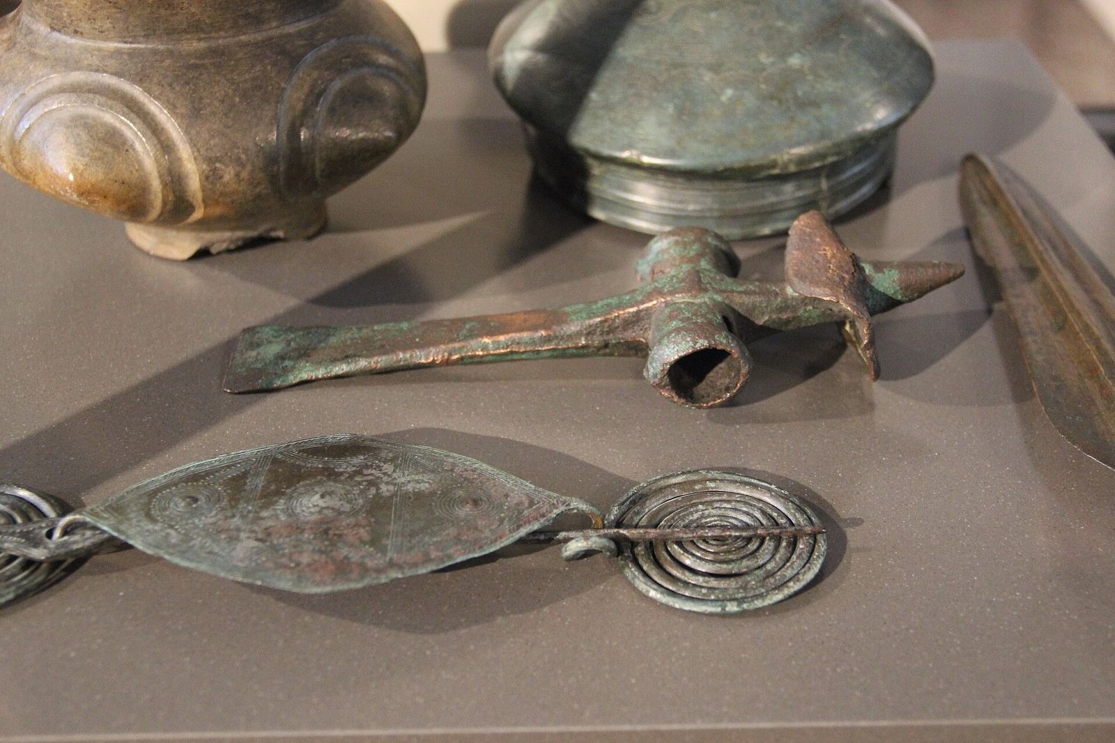 Bronze Age artifacts in the Neues Museum, Berlin — weapons and tools