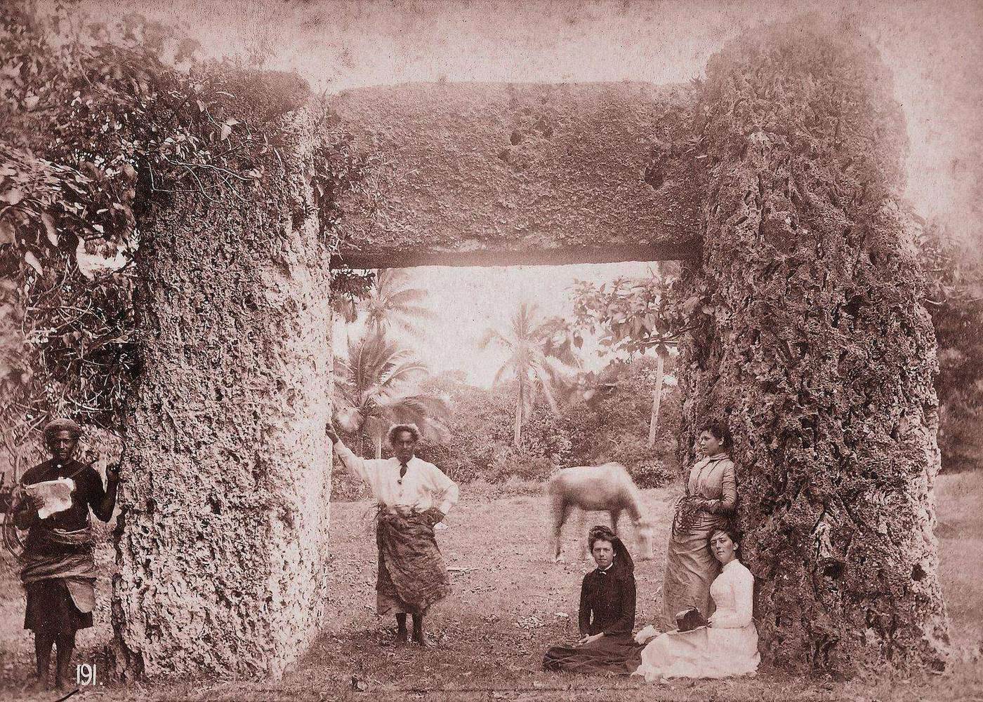 The Ha'amonga 'a Maui trilithon at Mu'a, Tonga, photographed around 1880–1889 — the stone monument of the Tongan empire