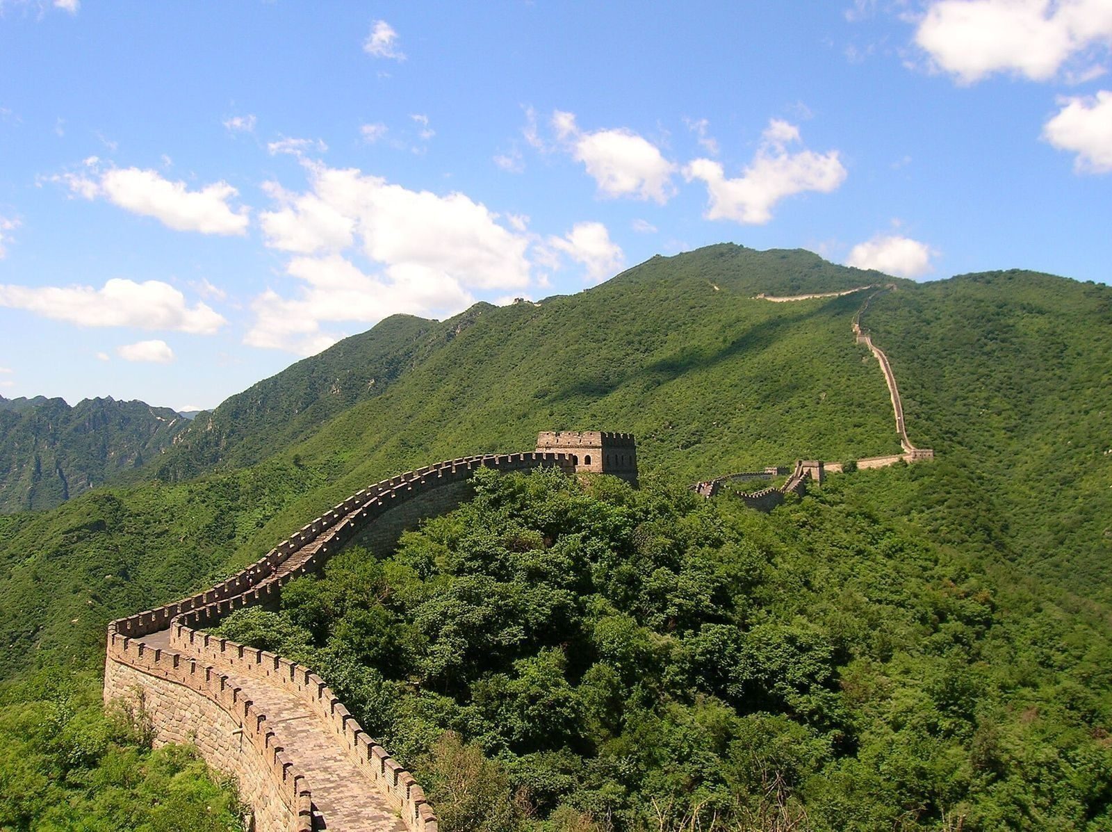 The Great Wall of China winding over mountain ridges