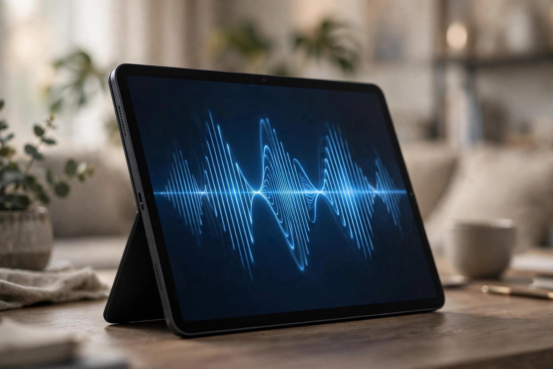 A premium tablet on a desk glowing with a blue voice-assistant waveform interface