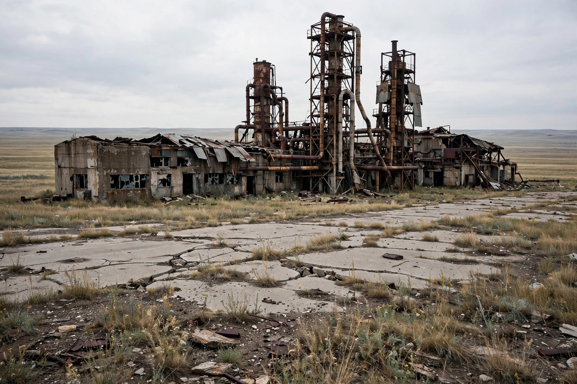Decommissioned Soviet-era biological weapons production buildings at Stepnogorsk, Kazakhstan, partially dismantled on the open steppe
