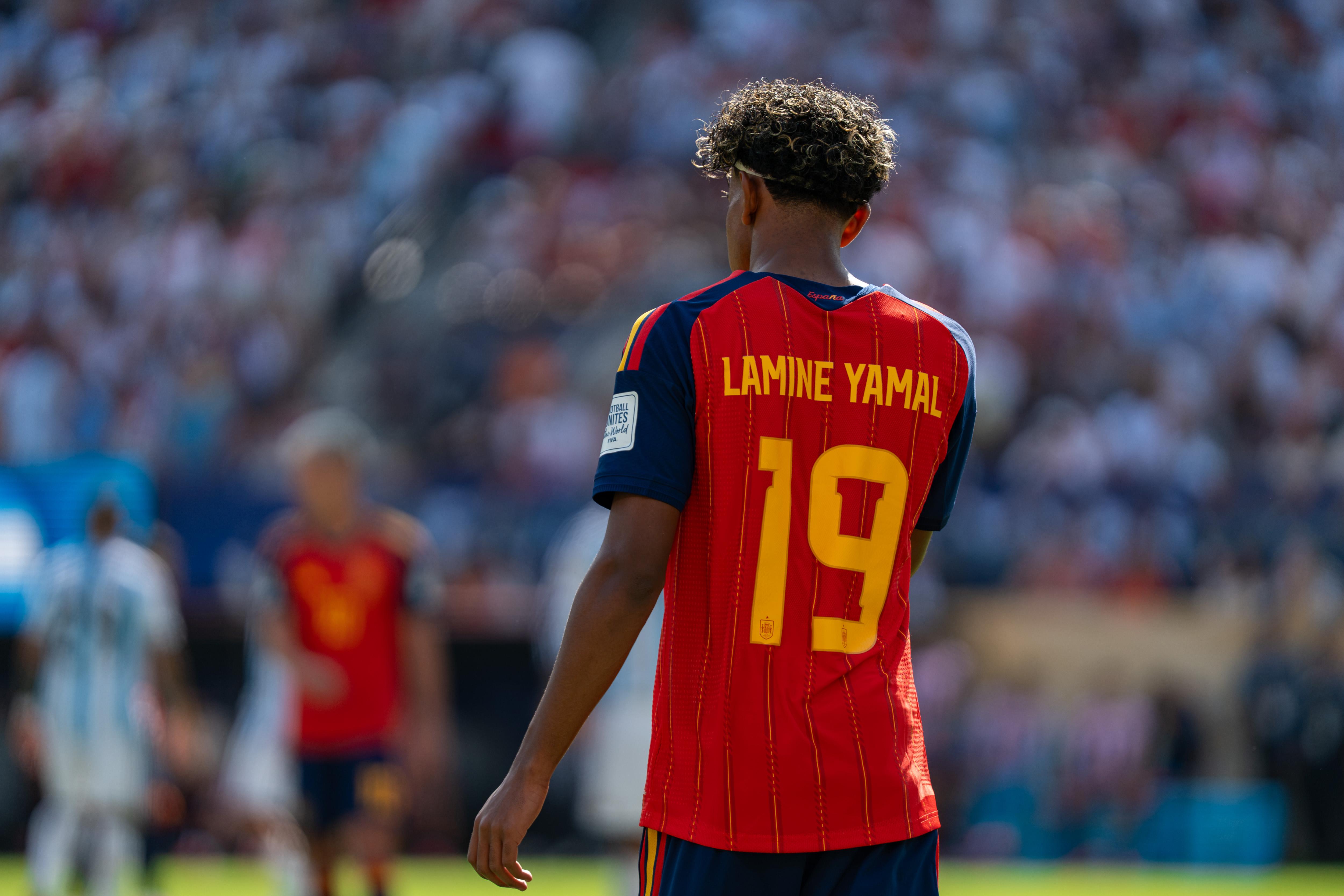 Lamine Yamal in Spain's red number 19 shirt during an international match — the Barcelona winger condemned the Islamophobic chants that led FIFA to fine the Spanish federation