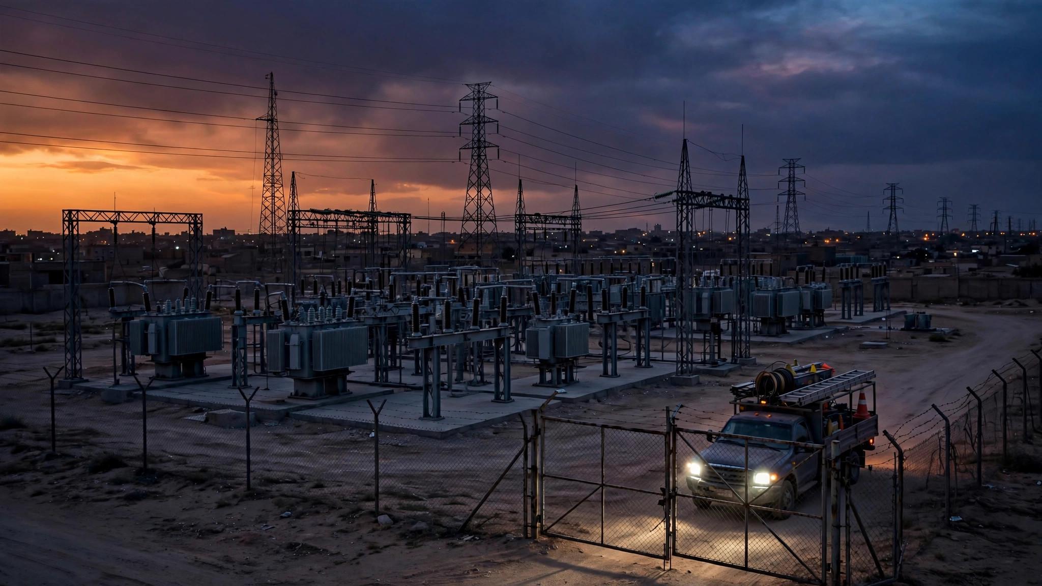 High-voltage transformers and pylons at a Nouakchott electrical substation at dusk, a repair truck at the gate, after the August 2026 blackout