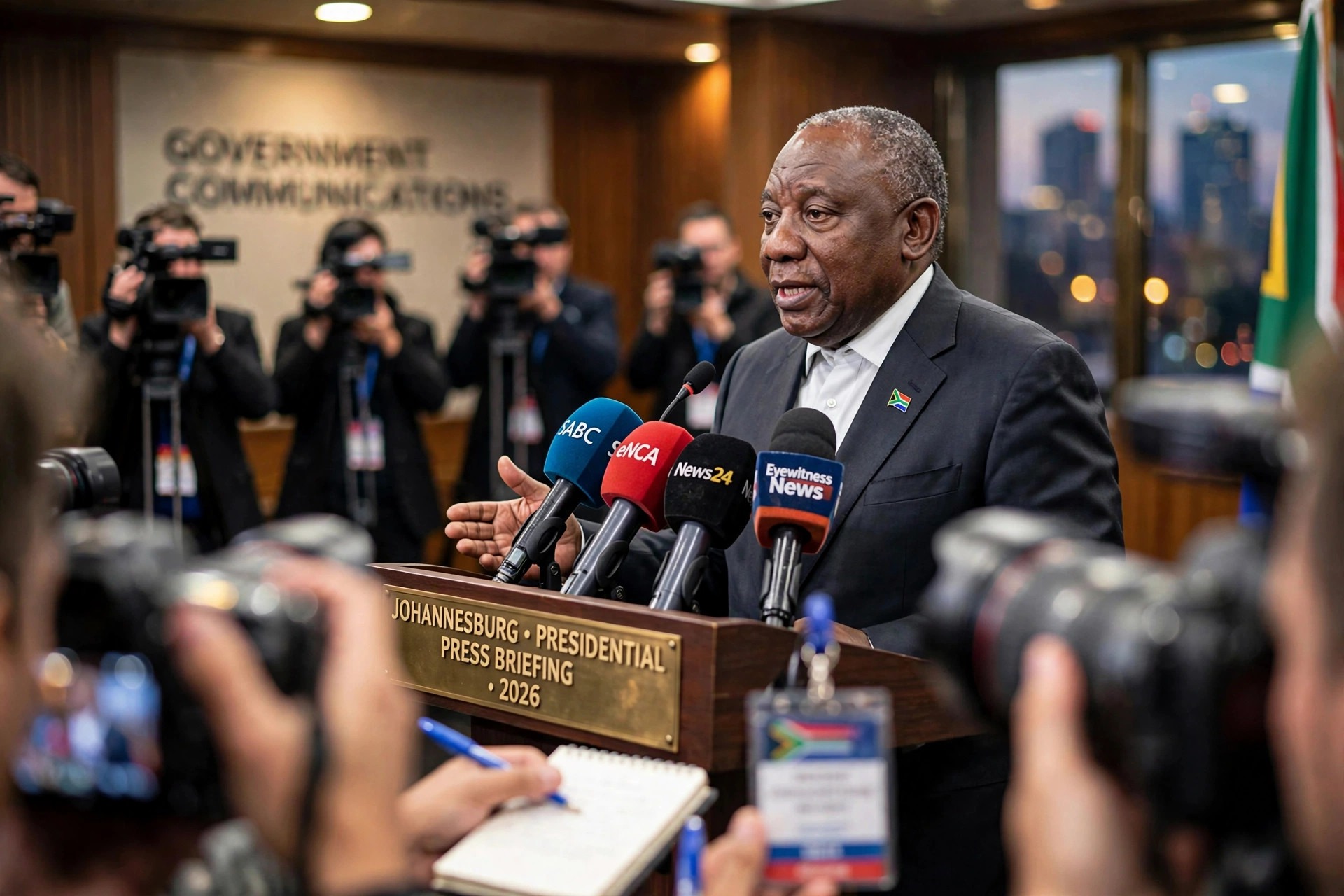 President Cyril Ramaphosa speaking at a press briefing in Johannesburg, with microphones and journalists in the foreground.
