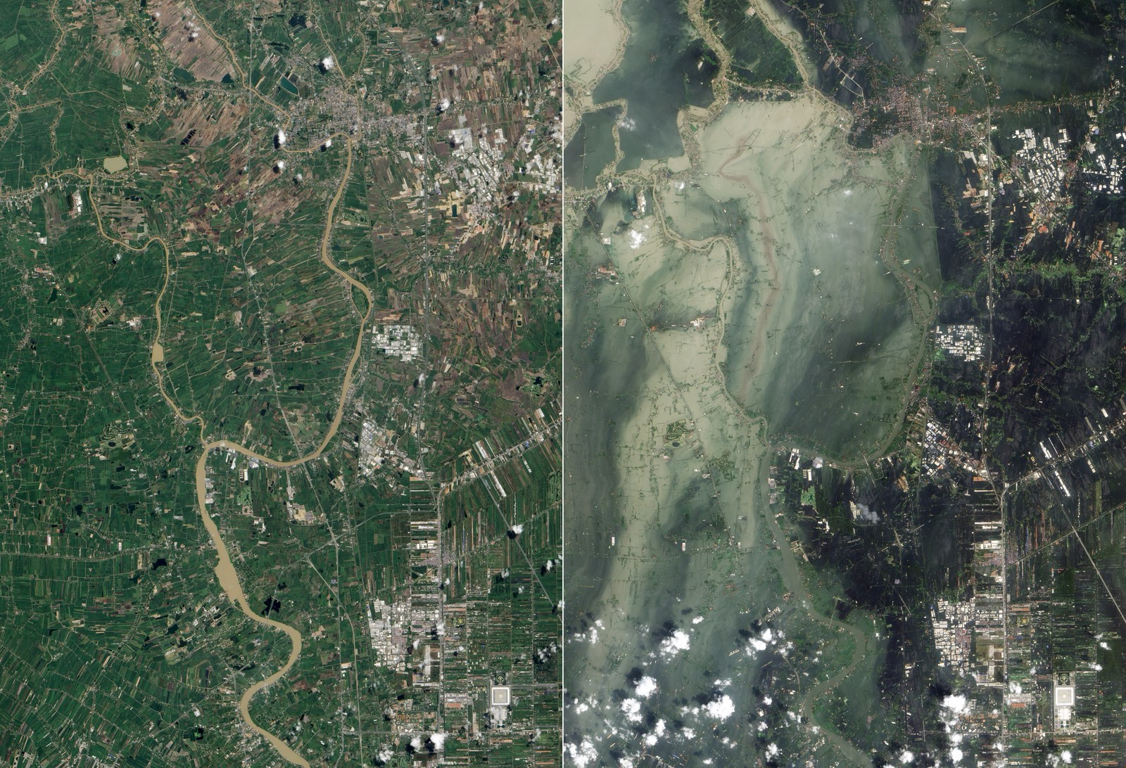 Satellite views of Ayutthaya province before and during the 2011 floods (archive image, NASA Earth Observatory) — the same low-lying plains now being flooded again to protect Bangkok
