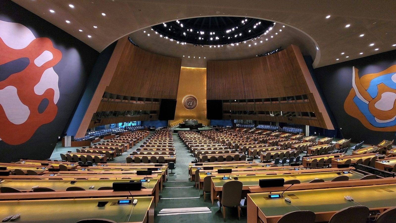 The General Assembly hall at United Nations headquarters in New York, February 2024